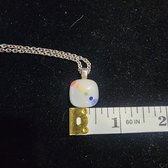 Artesian Made Silver Tone Dainty Chain Square White Pendant W/Multi Color Dots - Picture 8 of 9